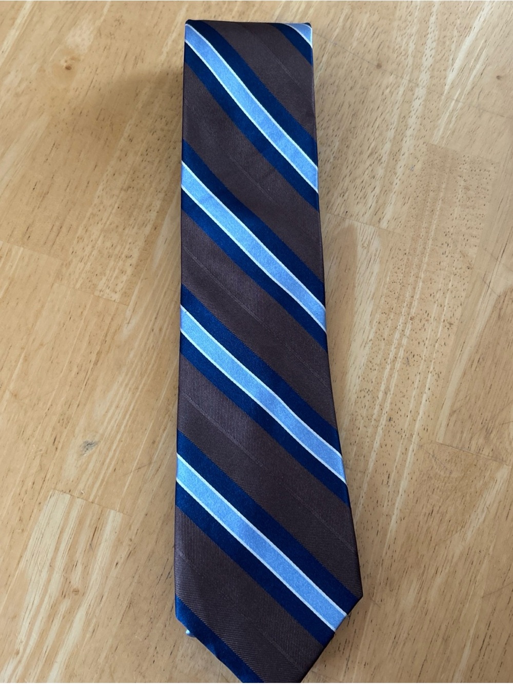 Men's Brown Tie with Navy and Light Blue Stripes